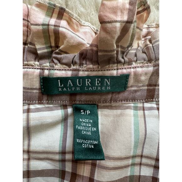 Lauren ralph lauren plaid ruffle front button down shirt peach cream S Petite - Picture 5 of 11